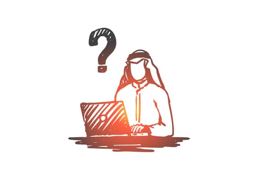 Businessman, question, muslim, arab, islam, problem concept. Hand drawn muslim businessman thinking about problem concept sketch. Isolated vector illustration.