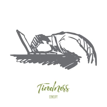 Businessman, stress, tiredness, programmer, overwork concept. Hand drawn businessman sleeping at workplace concept sketch. Isolated vector illustration.