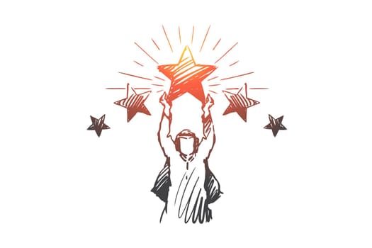 Muslim, success, rating, achievement, businessman concept. Hand drawn Arab businessman with star in his hands concept sketch. Isolated vector illustration.