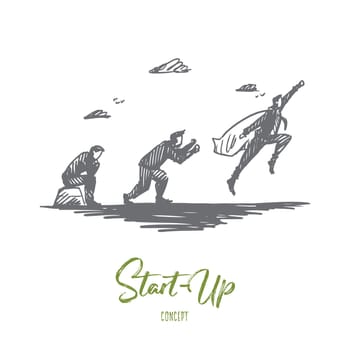 Start-up, businessman, superhero, idea, development concept. Hand drawn man in superhero cape moving forward concept sketch. Isolated vector illustration.