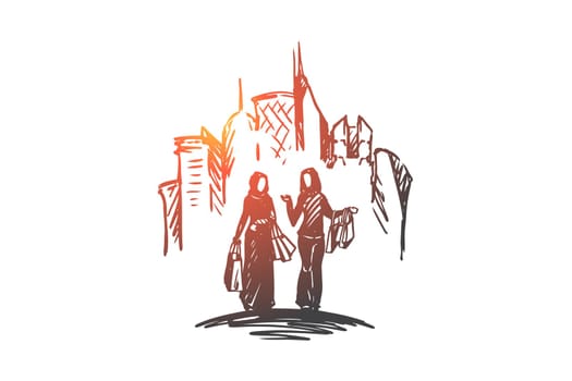 Shopping, city, muslim, arab, hijab concept. Hand drawn muslim women on shopping concept sketch. Isolated vector illustration.