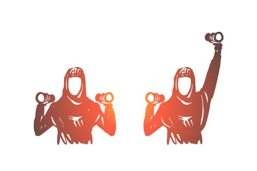 Fitness, training, sport, hijab, women concept. Hand drawn two muslim women doing sport exercises concept sketch. Isolated vector illustration.