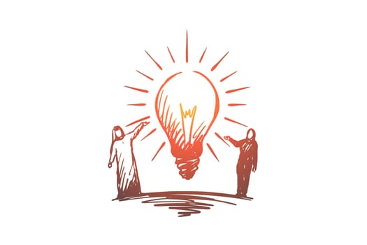 Idea, hijab, Islam, Arab, Islam concept. Hand drawn muslim people and light bulb concept sketch. Isolated vector illustration.