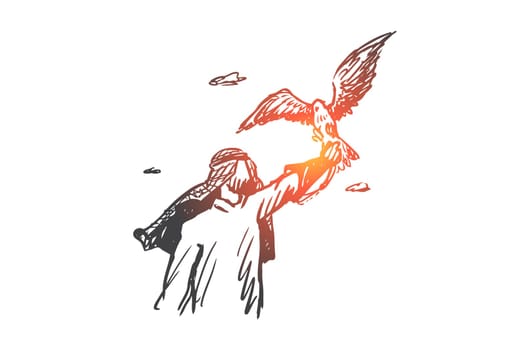 Freedom, Islam, lifestyle, fascination concept. Hand drawn muslim man with hawk on hand concept sketch. Isolated vector illustration.