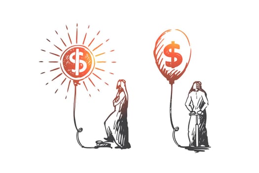 Currency exchange, investments, capital accumulation, Muslim concept. Hand drawn muslim persons increase capital concept sketch. Isolated vector illustration.