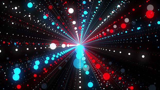 Hyperspace tunnel with 3d render of bright stripes of balls. Translucent galaxy spheres float in geometric regular lines. Shimmering abstract planets in starry space
