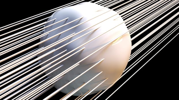 Deformed futuristic 3d render of planets pierced by sharp long spikes. Glossy fluid creative design element. Fractal changing structures in digital gradient presentation