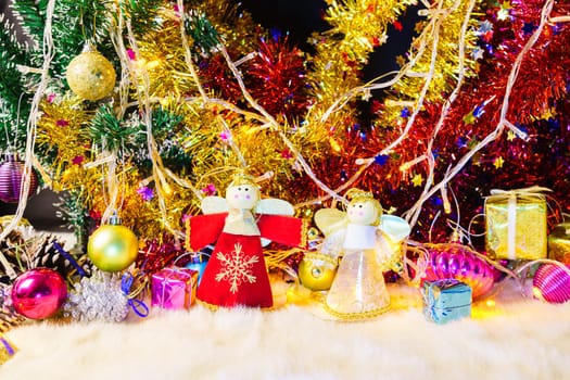 Close up Christmas ornaments and decorations with lights
