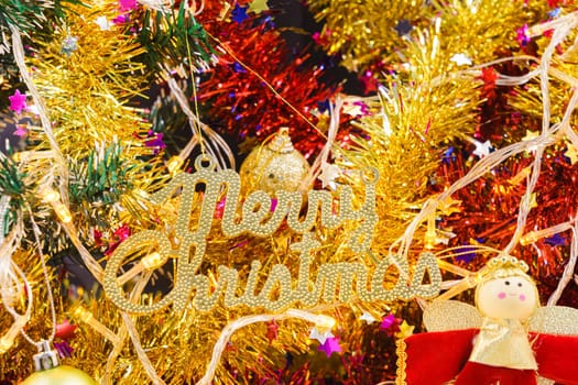 Close up Christmas ornaments and decorations with lights