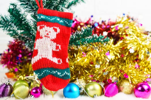 Santa's red stockings hanging and Christmas decoration background