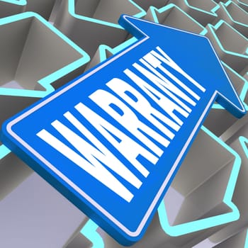 Warranty word with blue arrow, 3D rendering