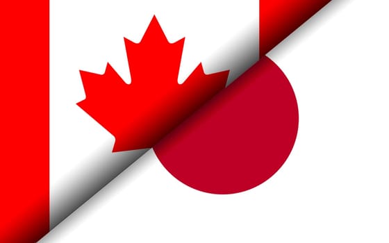 Flags of the Canada and Japan divided diagonally. 3D rendering