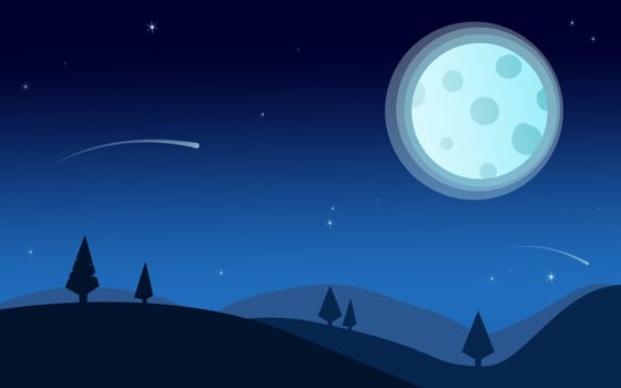 Night time nature landscape with full moon , 3D rendering