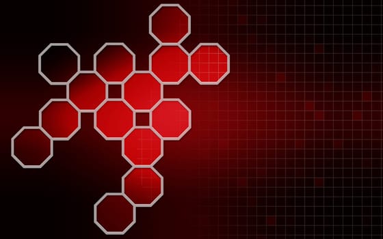 Hexagonal structures in red background,3D rendering