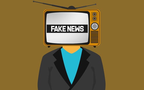 TV on the head of a man with fake news word, 3D rendering