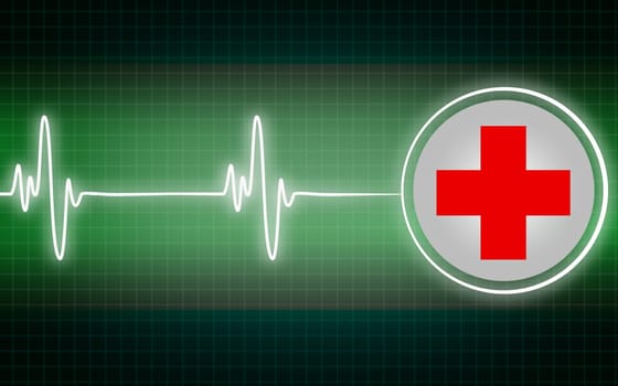 Medical cross symbol with heartbeat in green, 3D rendering
