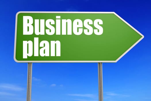 Business plan word on green road sign, 3D rendering