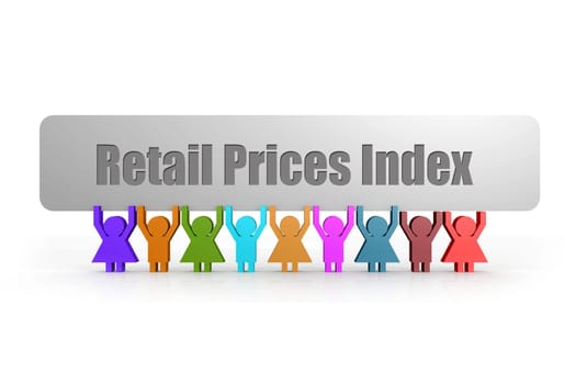 Retail Prices Index word on a banner hold by group of puppets, 3D rendering