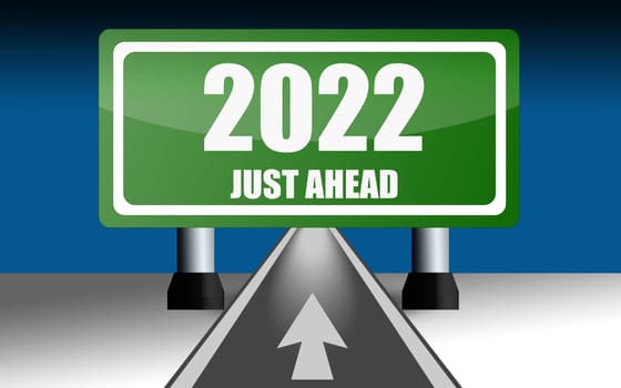 Road sign over the road with 2022, 3D rendering
