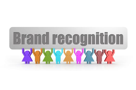 Brand recognition word on a banner hold by group of puppets, 3D rendering