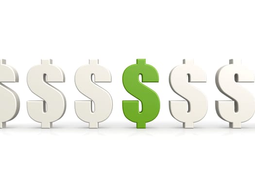 Green dollar sign among others. Saving concept, 3D rendering