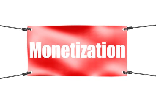 Monetization word with red tie up banner, 3D rendering