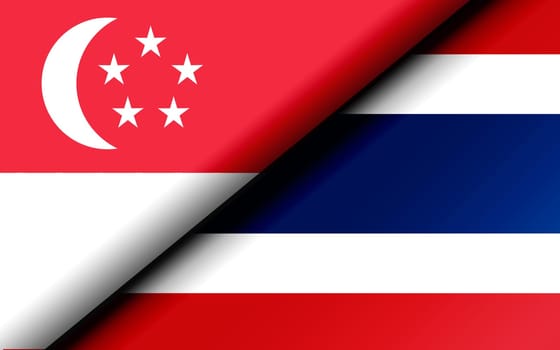 Flags of the Singapore and Thailand divided diagonally. 3D rendering