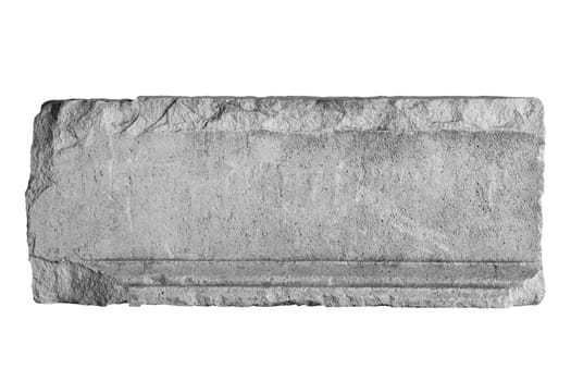 front view closeup of empty antique large square plaque of stone with irregular edges and carved texture isolated on white background