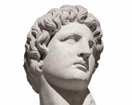 front view closeup of man looking up antique white marble bust statue isolated on white background