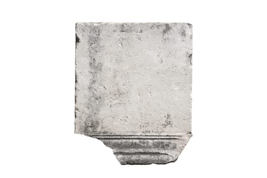 front view closeup of large vertical square fragment of antique classical stone column with weathered texture isolated on white background
