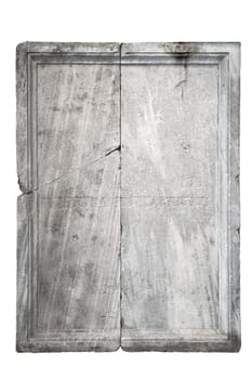 front view closeup of empty antique large square plaque of stone with irregular edges and carved texture isolated on white background