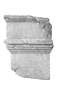 front view closeup of large vertical square fragment of antique classical stone column with weathered texture isolated on white background