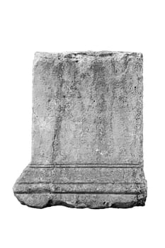 front view closeup of large vertical square fragment of antique classical stone column with weathered texture isolated on white background