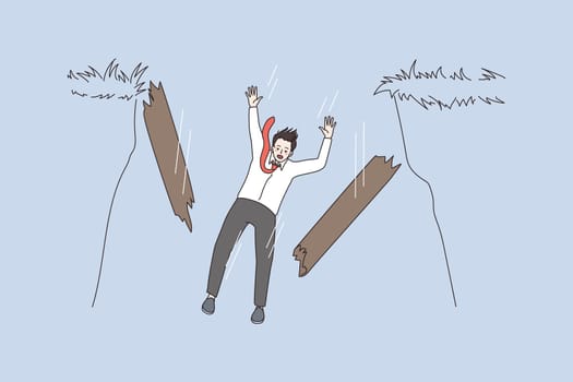 Businessman trip fall into precipice gap trap. Man employee worker risk, walk on thin line, lose all. Bankruptcy and failure concept. Business crisis. Flat vector, illustration, cartoon character.