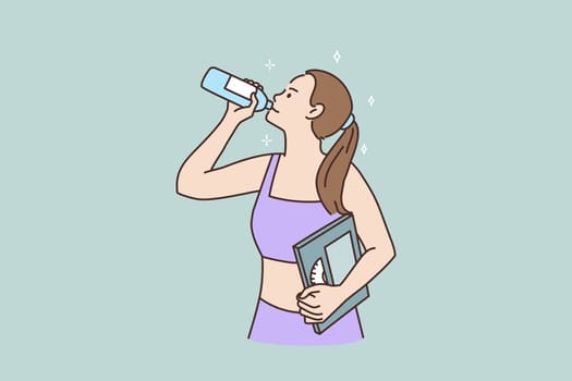 Toned millennial girl hold weight scales drink water from bottle follow healthy lifestyle. Young woman take care of body weight, keep water balance. Sport, diet concept. Vector illustration.