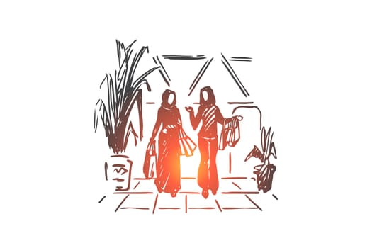 Shopping, boutique, muslim, arab, hijab concept. Hand drawn muslim women doing shopping in mall concept sketch. Isolated vector illustration.
