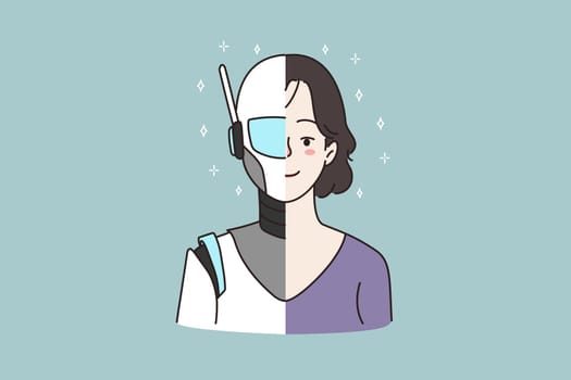 Profile portrait picture face of half robot half human. Woman cyborg and person on one photo. Artificial intelligence, futuristic virtual digital female model. Innovation. Flat vector illustration.
