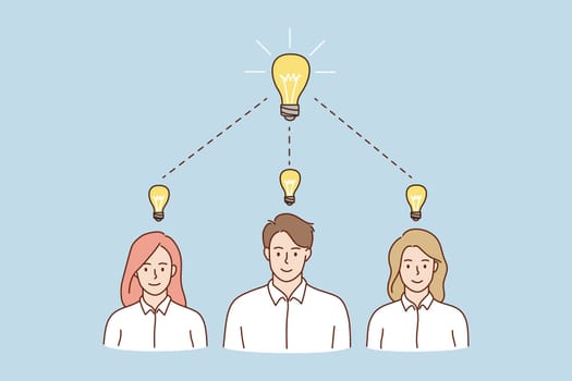 Smiling businesspeople with lightbulbs over head, brainstorm find business problem solution. Happy people think of idea, share knowledge solve issue. Teamwork, innovation. Flat vector illustration.