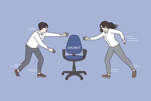 Man and woman applicants compete for vacant position in office. Motivated job candidates fight for work vacancy. Rivalry, competition. Employment and hiring concept. Flat vector illustration.