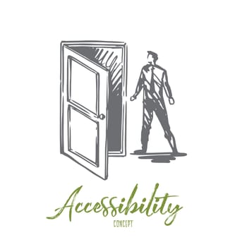 Access, door, open, enter, business concept. Hand drawn man near open door concept sketch. Isolated vector illustration.