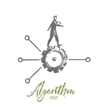 Algorithm, data, user, element, software concept. Hand drawn man on cogwheel and scheme concept sketch. Isolated vector illustration.
