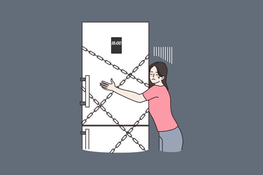 Woman on diet hug fridge in chains in evening. Female lose weight with refrigerator at home. Girl not allowed food at night. Eating disorder concept. Isometric composition, flat vector illustration.