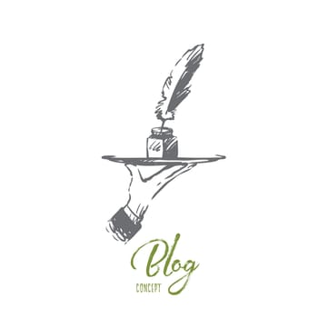 Blog, writing, message, website, communication concept. Hand drawn ink and pen in human hand concept sketch. Isolated vector illustration.