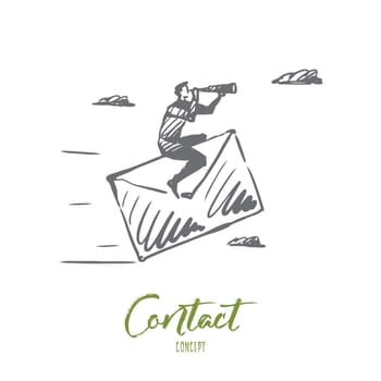 Contact us, mail, customer, service concept. Hand drawn man sitting on paper mail concept sketch. Isolated vector illustration.