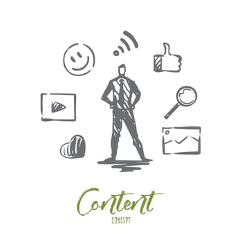 Content, internet, media, strategy, network concept. Hand drawn content manager and symbols of network concept sketch. Isolated vector illustration.