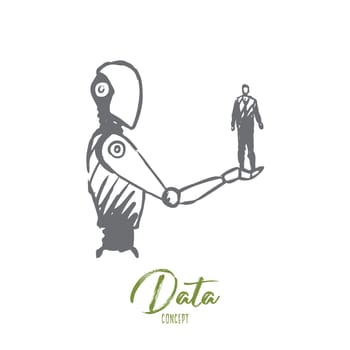 Data, robot, technology, machine, intelligence concept. Hand drawn human on hand of robotic concept sketch. Isolated vector illustration.