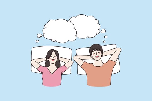 Happy couple lying on bed dreaming together, empty copy space. Smiling dreamy man and woman spouses relax rest have dreams sleep nap in bedroom. Future plan concept. Flat vector illustration.