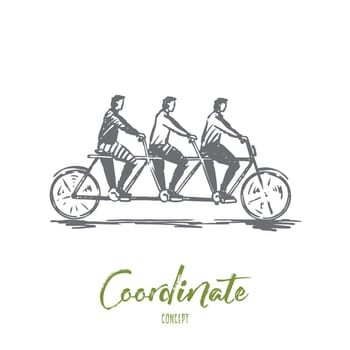 Coordinate, cooperation, teamwork, bike, tandem concept. Hand drawn three persons on one bike concept sketch. Isolated vector illustration.