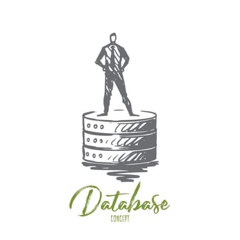 Database, backup, server, software, tool concept. Hand drawn man standing on data equipment concept sketch. Isolated vector illustration.