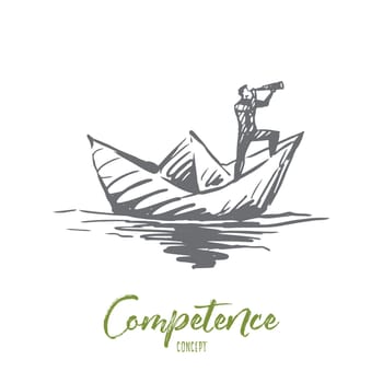 Competence, job, skill, management, efficiency concept. Hand drawn man on paper boat looking forward concept sketch. Isolated vector illustration.